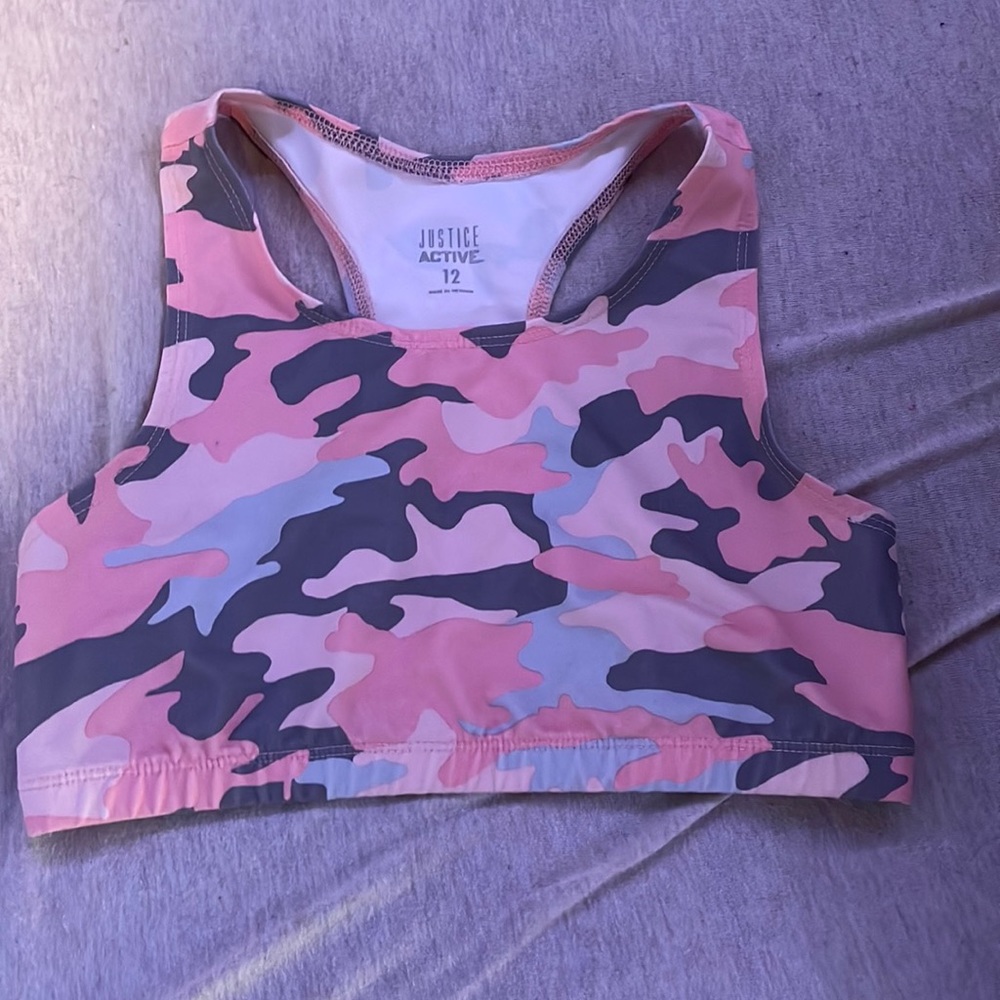 Pink and gray camo youth sports bra